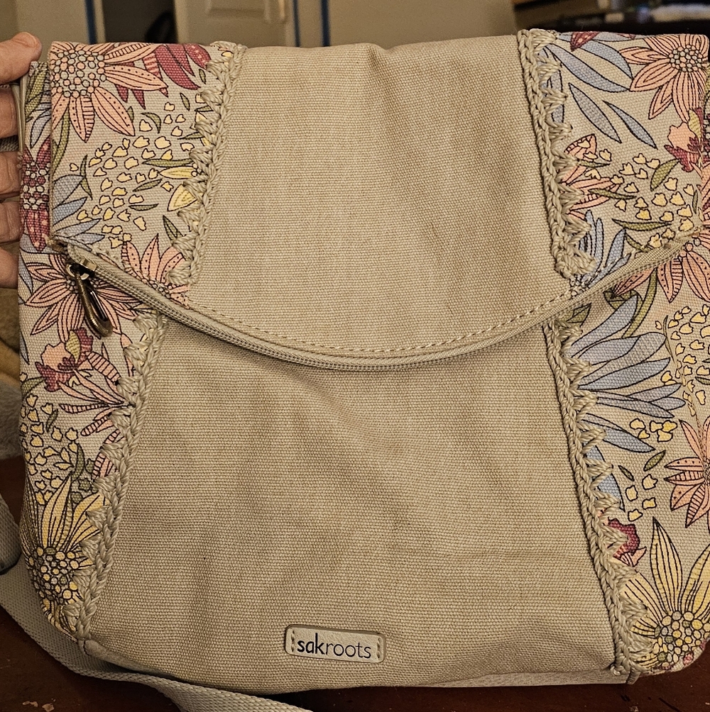 Sakroots Beige Crossbody Bag with Floral Accents(no Stains)